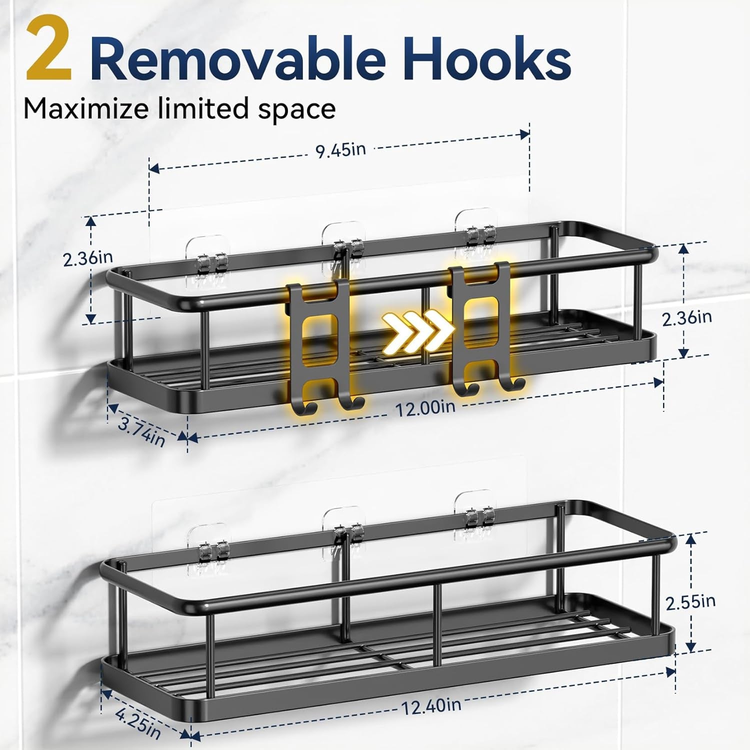 Shower Caddy Adhesive, Rustproof Shower Shelves for inside Shower, Large Capacity Bathroom Organizers and Storage, Shower Storage with Removable Hooks, No Drill Bathroom Accessories Black
