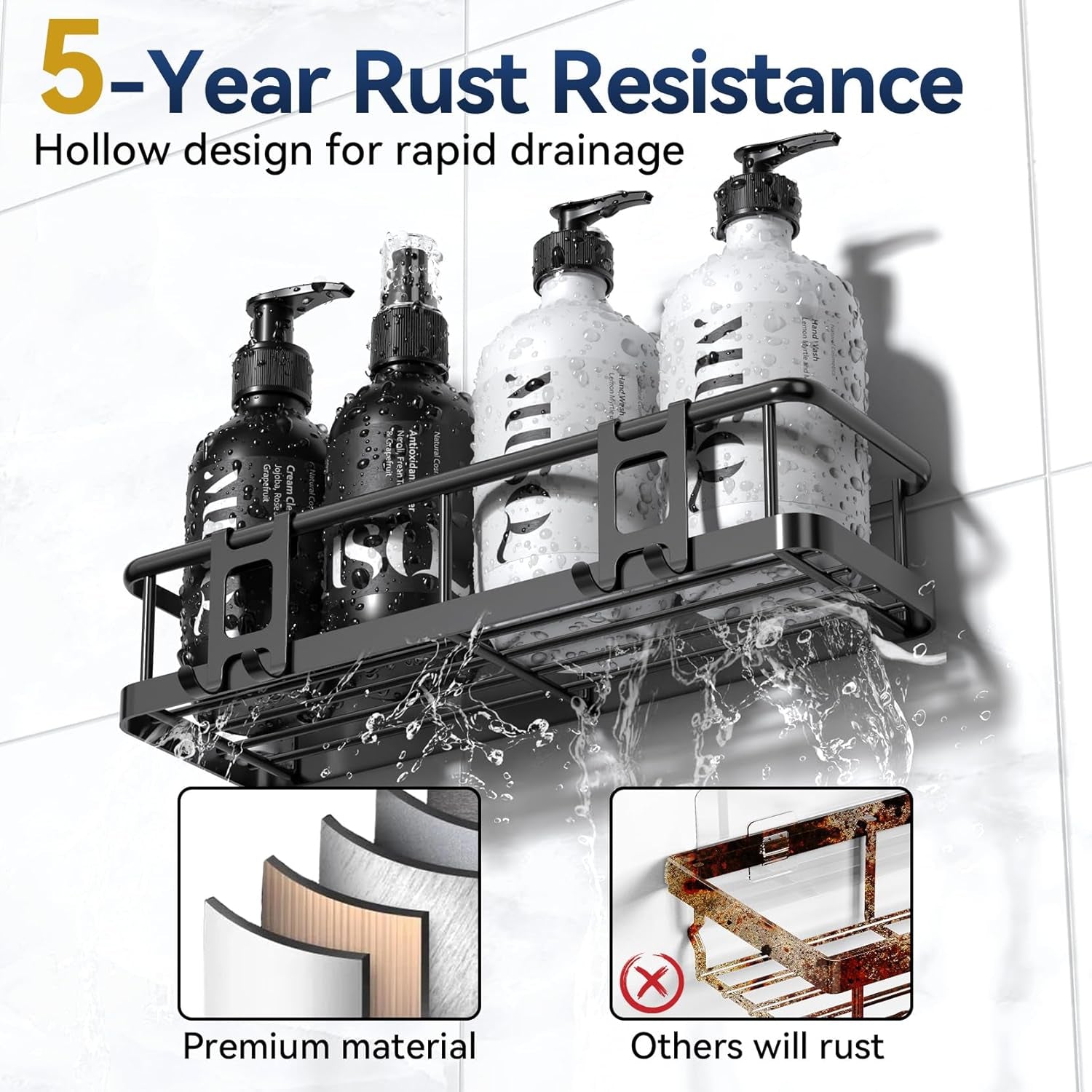 Shower Caddy Adhesive, Rustproof Shower Shelves for inside Shower, Large Capacity Bathroom Organizers and Storage, Shower Storage with Removable Hooks, No Drill Bathroom Accessories Black