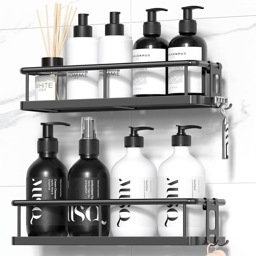 Shower Caddy Adhesive, Rustproof Shower Shelves for inside Shower, Large Capacity Bathroom Organizers and Storage, Shower Storage with Removable Hooks, No Drill Bathroom Accessories Black
