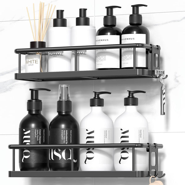 Shower Caddy Adhesive, Rustproof Shower Shelves for inside Shower, Large Capacity Bathroom Organizers and Storage, Shower Storage with Removable Hooks, No Drill Bathroom Accessories Black