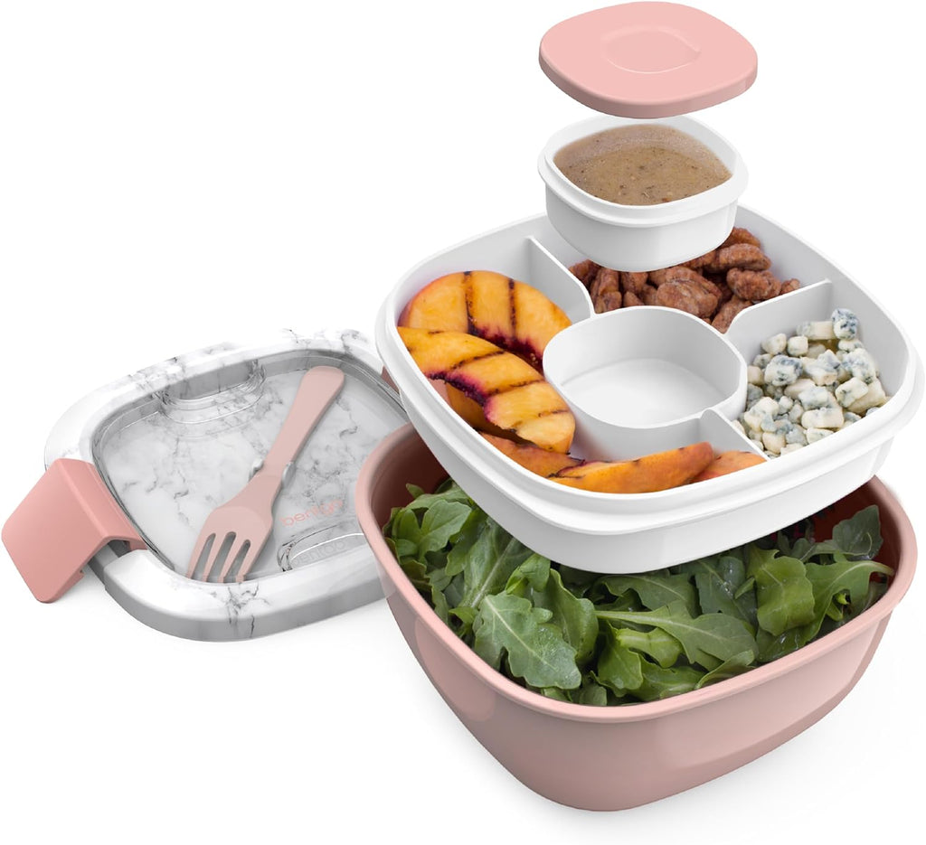 Salad Container - 54 Oz Bowl with 4-Compartment Toppings Tray, Dressing Container, Reusable Fork, Bpa-Free Lunch Box for Meal Prep & Food Storage; Removable Bento Tray (Blush Marble)